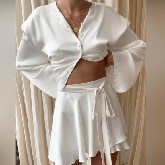 Commense Satin Raw Hem Tied Two Piece Skirt Set - Picture 9 of 11